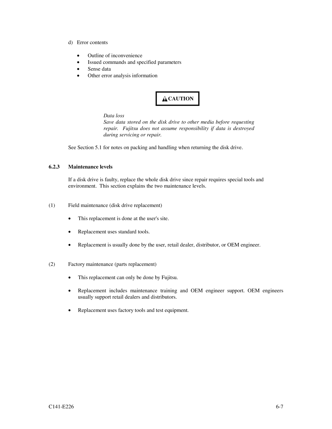 Fujitsu MAW3073NC/NP, MAW3300NC/NP, MAW3147NC/NP manual Maintenance levels 