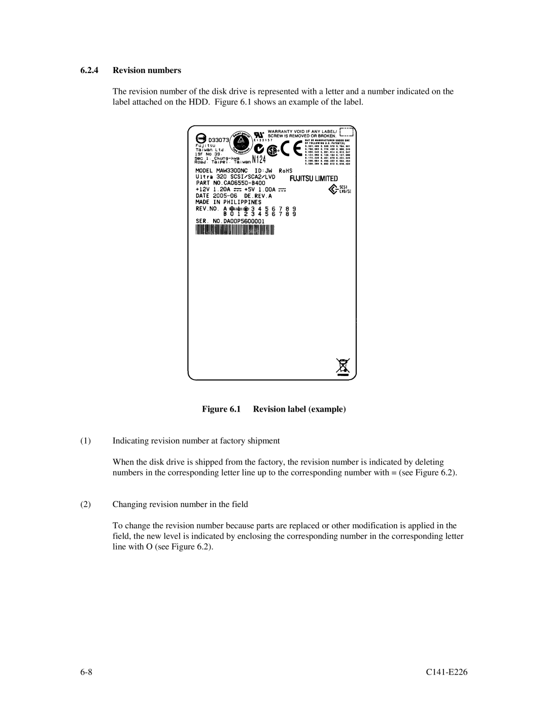 Fujitsu MAW3147NC/NP, MAW3300NC/NP, MAW3073NC/NP manual Revision numbers, Revision label example 