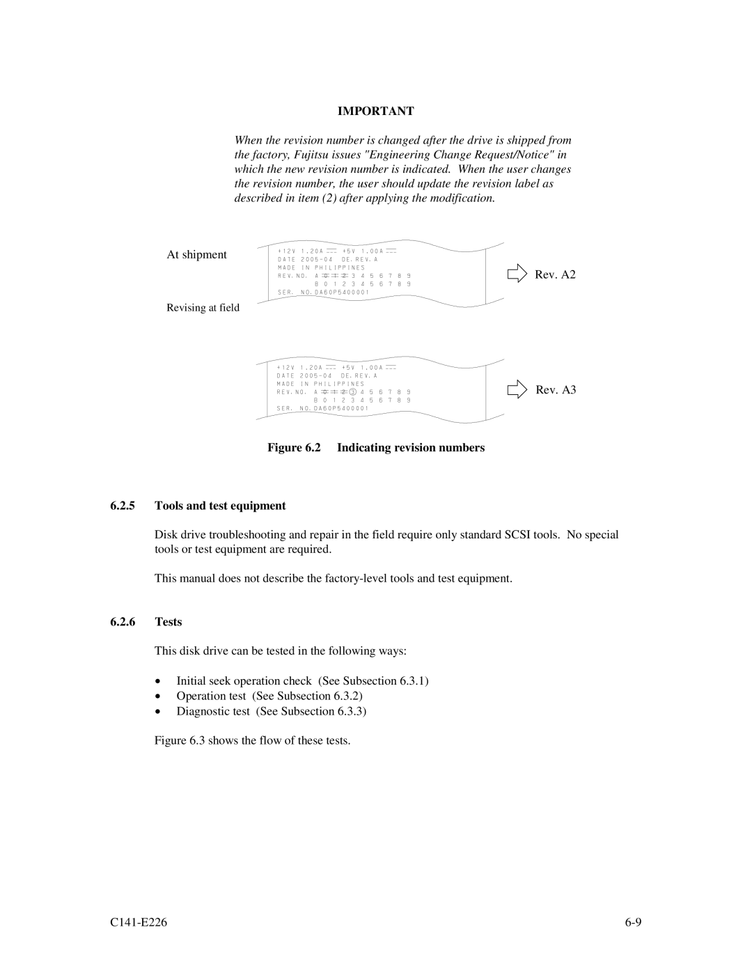 Fujitsu MAW3300NC/NP, MAW3073NC/NP, MAW3147NC/NP manual Indicating revision numbers Tools and test equipment, Tests 