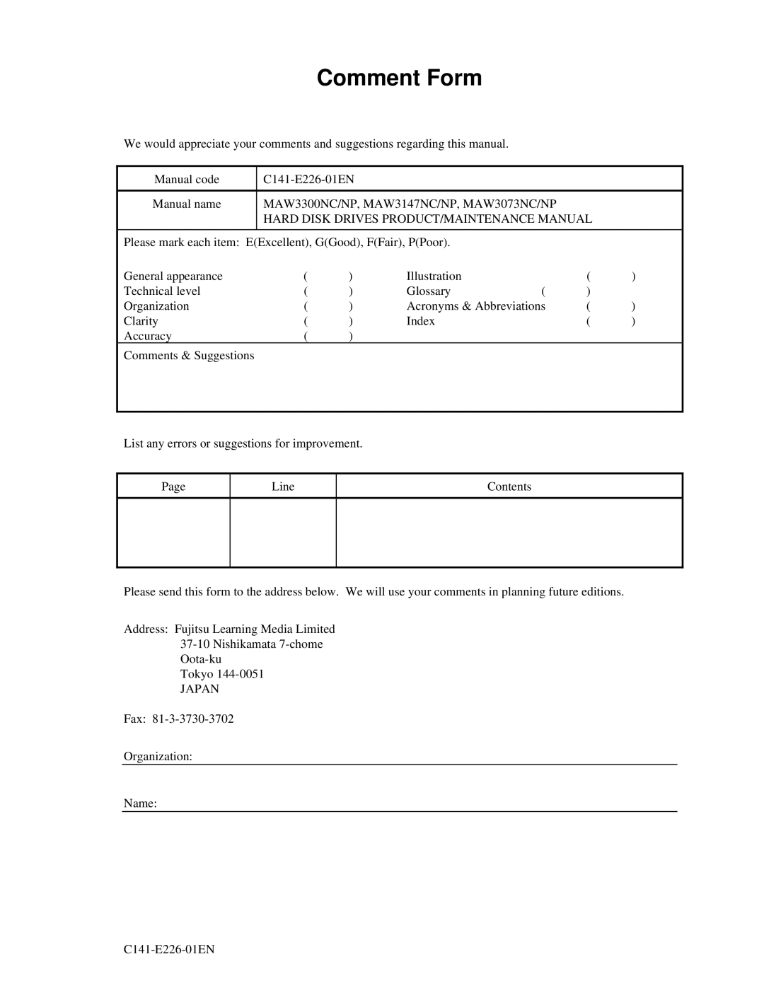 Fujitsu manual MAW3300NC/NP, MAW3147NC/NP, MAW3073NC/NP, Hard Disk Drives PRODUCT/MAINTENANCE Manual, Japan 