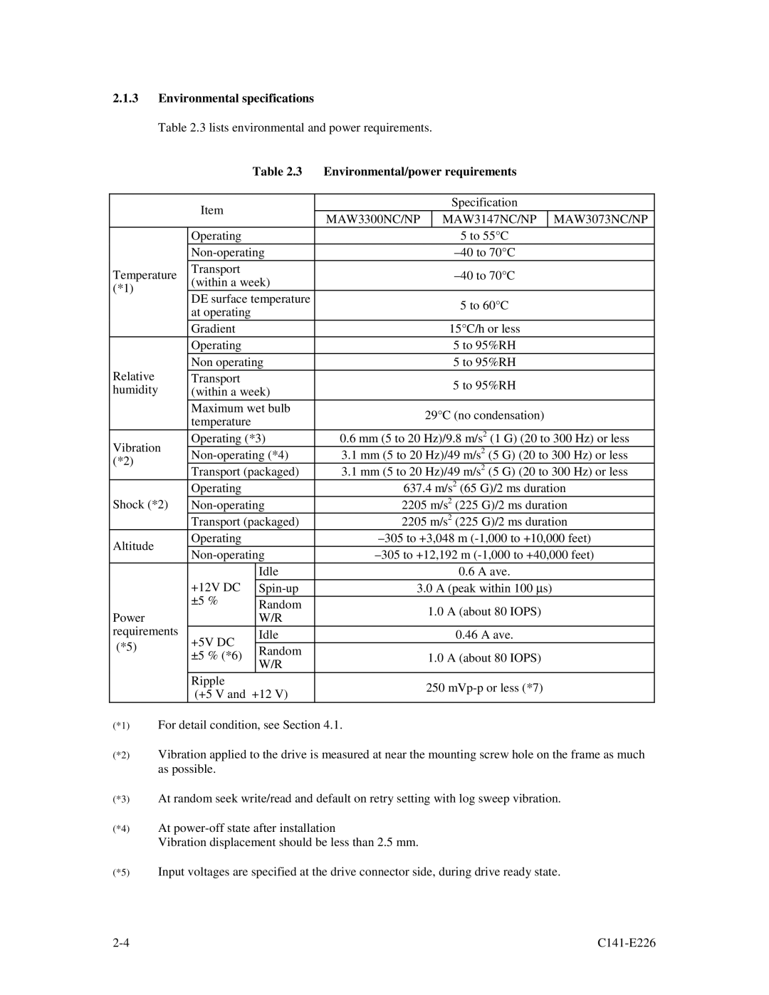 Fujitsu MAW3300NC/NP, MAW3073NC/NP, MAW3147NC/NP manual Environmental specifications, Environmental/power requirements 