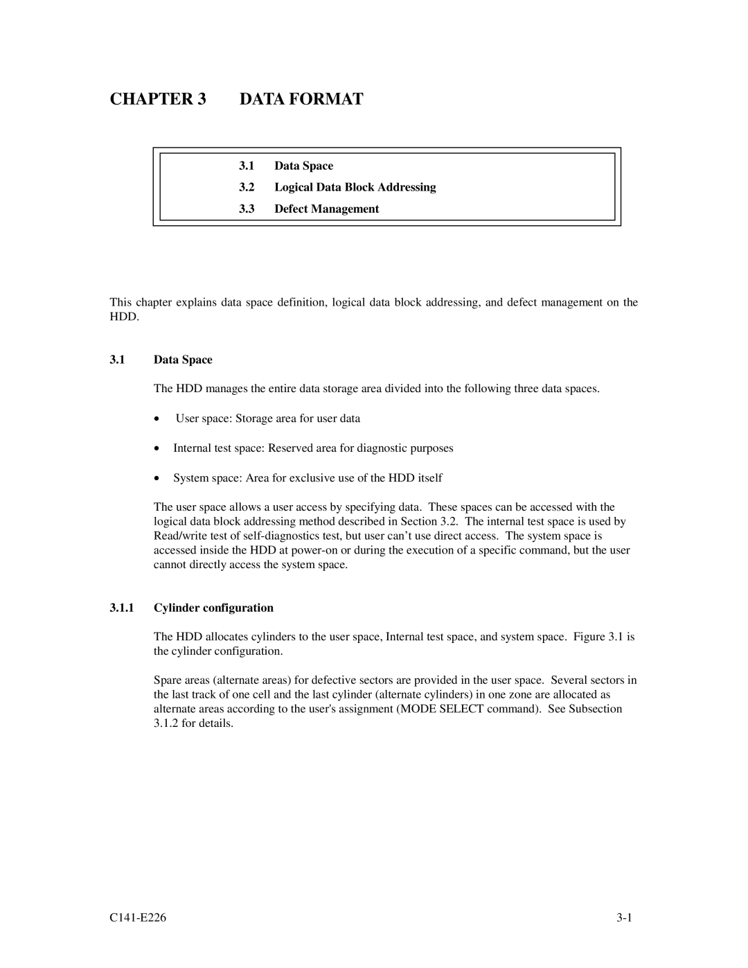 Fujitsu MAW3147NC/NP manual Data Format, Data Space Logical Data Block Addressing Defect Management, Cylinder configuration 