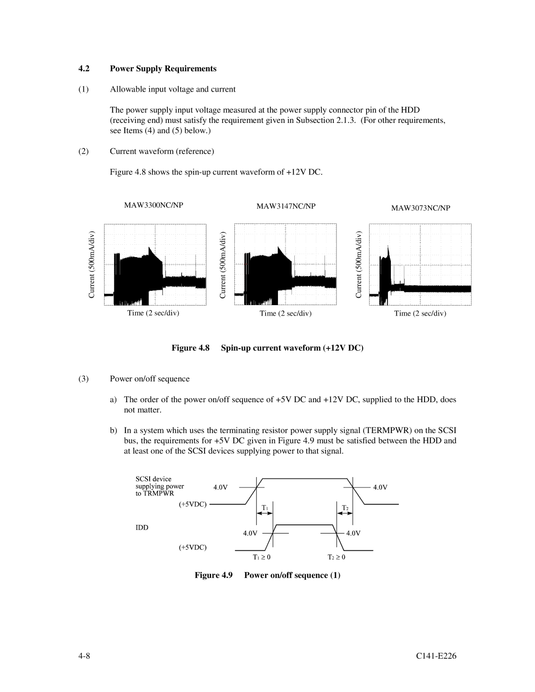 Fujitsu MAW3073NC/NP, MAW3300NC/NP, MAW3147NC/NP manual Spin-up current waveform +12V DC 