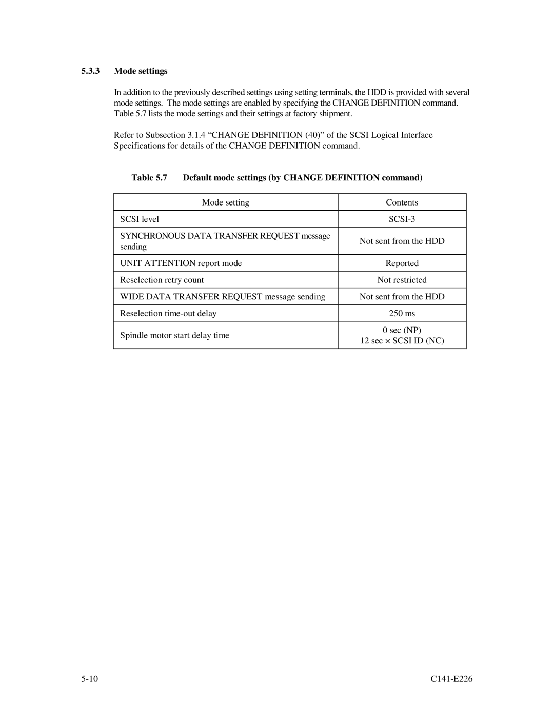 Fujitsu MAW3073NC/NP, MAW3300NC/NP, MAW3147NC/NP Mode settings, Default mode settings by Change Definition command, SCSI-3 