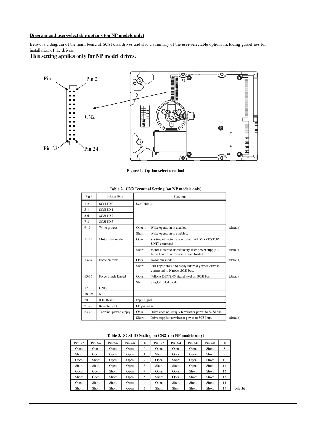 Fujitsu MAW3147NC/NP Diagram and user-selectable options on NP models only, Scsi ID Setting on CN2 on NP models only 