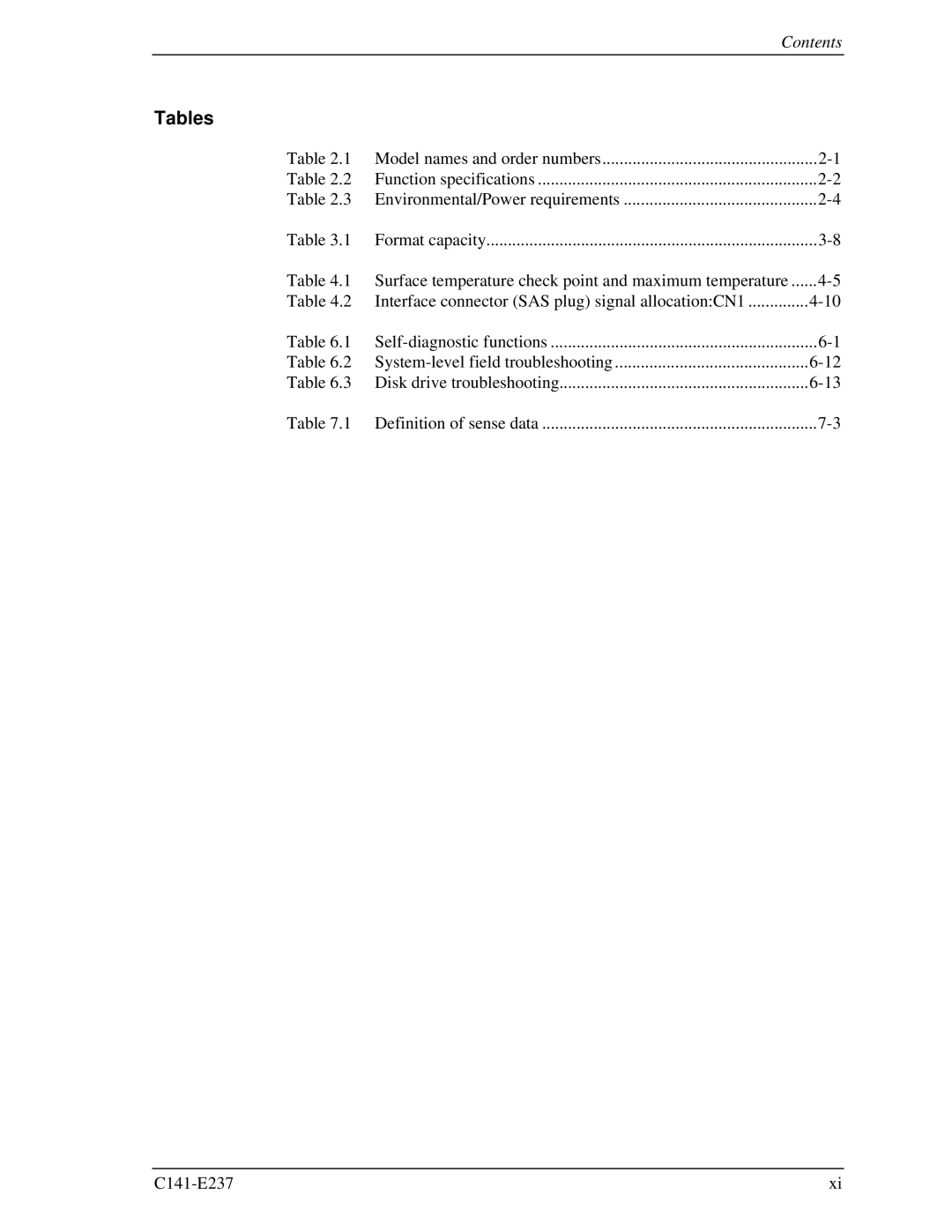 Fujitsu MAX3036RC, MAX3147RC, MAX3073RC manual Tables 