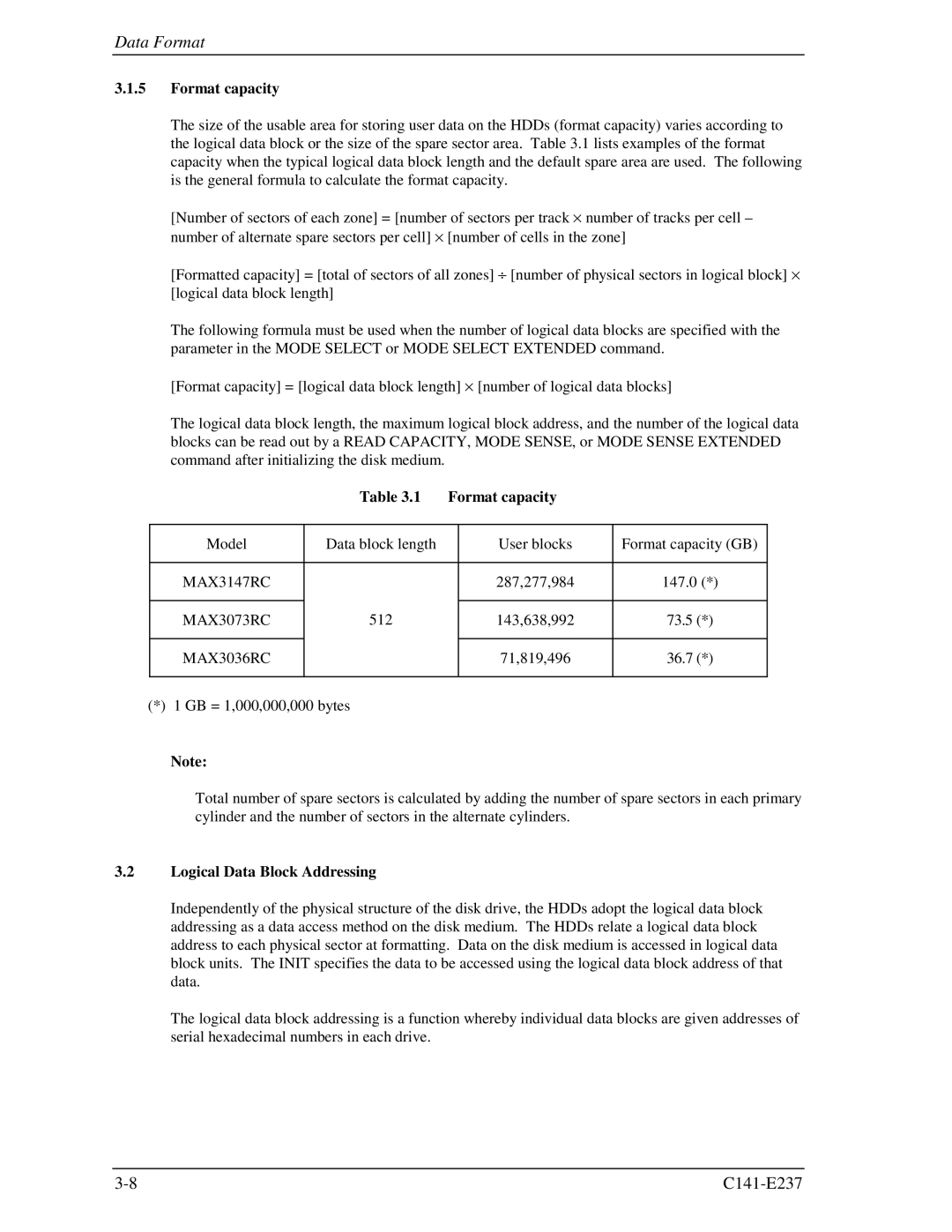 Fujitsu MAX3036RC, MAX3147RC, MAX3073RC manual Format capacity 