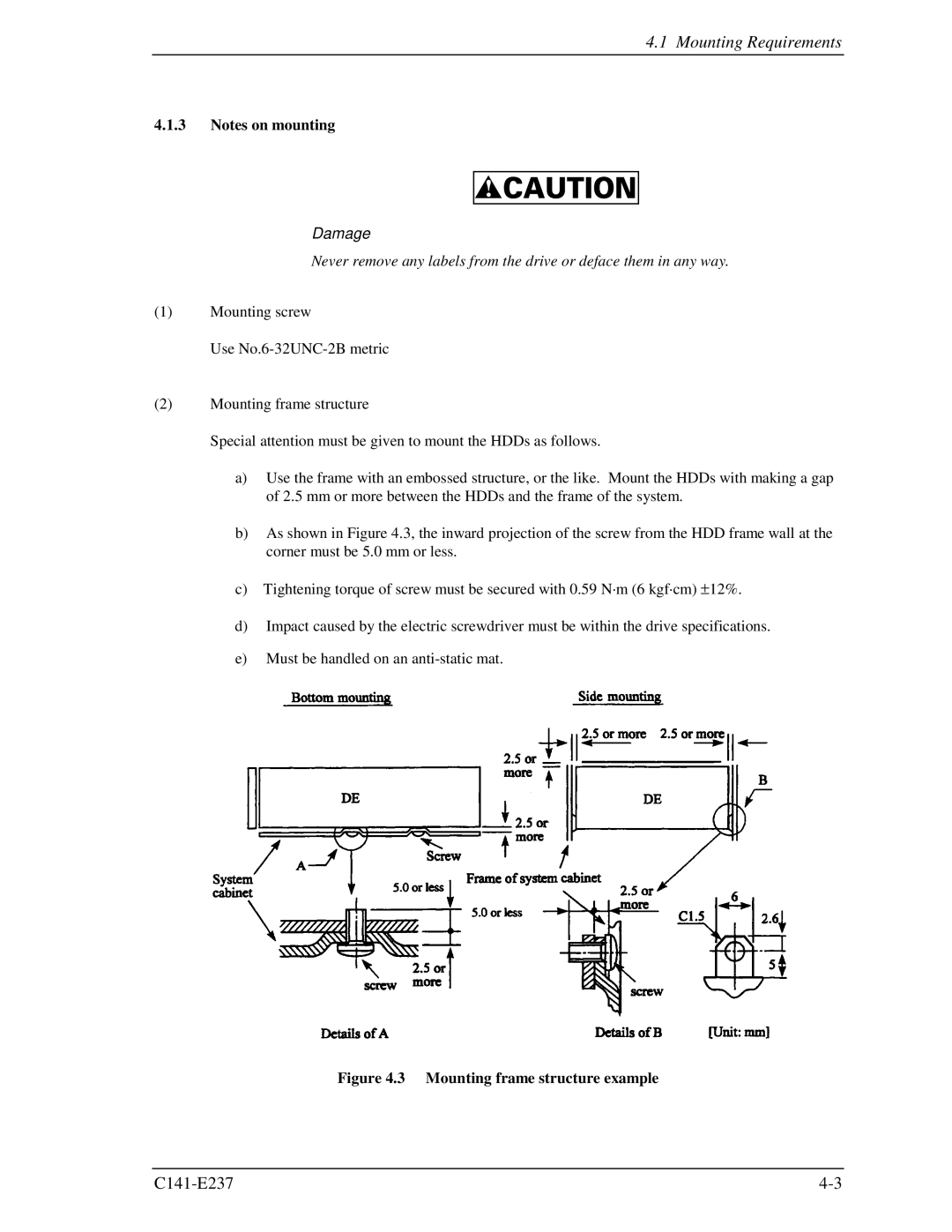 Fujitsu MAX3036RC, MAX3147RC, MAX3073RC manual Mounting Requirements, Mounting frame structure example 