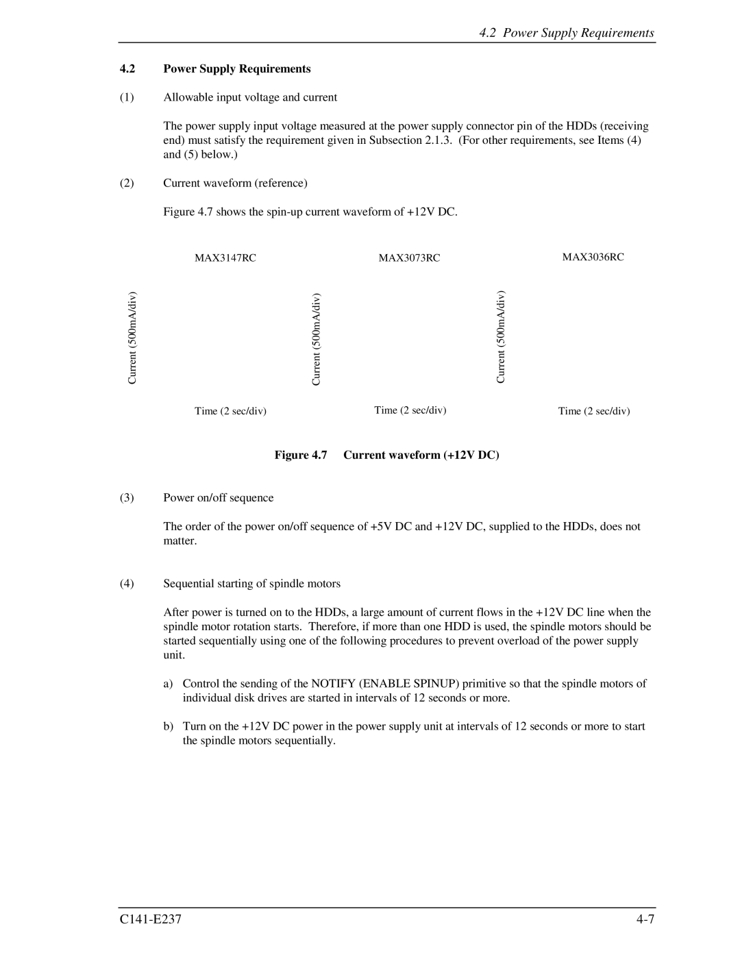 Fujitsu MAX3147RC, MAX3036RC, MAX3073RC manual Power Supply Requirements, Current waveform +12V DC 