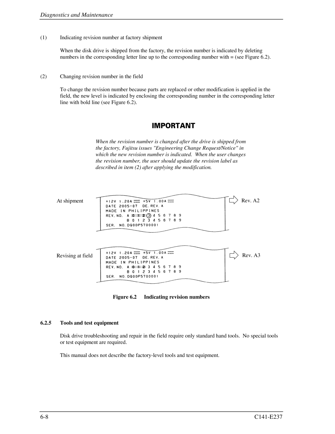 Fujitsu MAX3036RC, MAX3147RC, MAX3073RC manual Indicating revision numbers Tools and test equipment 