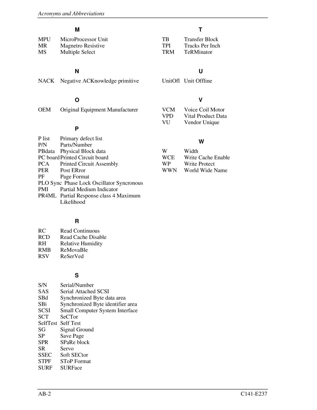 Fujitsu MAX3073RC, MAX3036RC, MAX3147RC manual Acronyms and Abbreviations, Vpd 