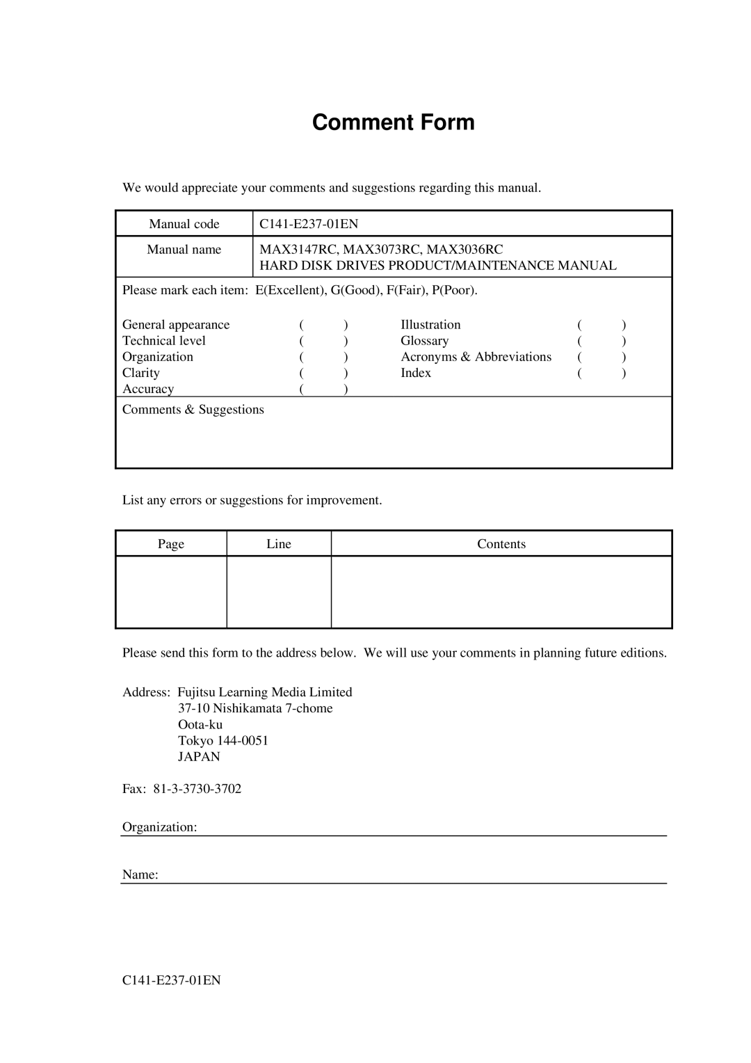 Fujitsu MAX3147RC, MAX3036RC, MAX3073RC manual Comment Form 