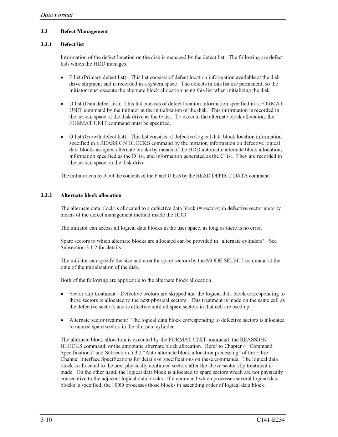 Fujitsu MAX3073FC, MAX3036FC, MAX3147FC manual Defect Management Defect list, Alternate block allocation 