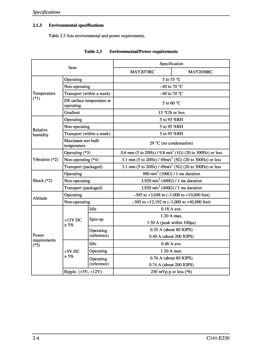 Fujitsu MAY2073RC, MAY2036RC Specifications, C141-E230, Environmental specifications, Environmental/Power requirements 