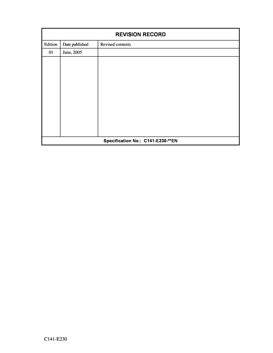 Fujitsu MAY2036RC, MAY2073RC manual Revision Record, Specification No. C141-E230-**EN 