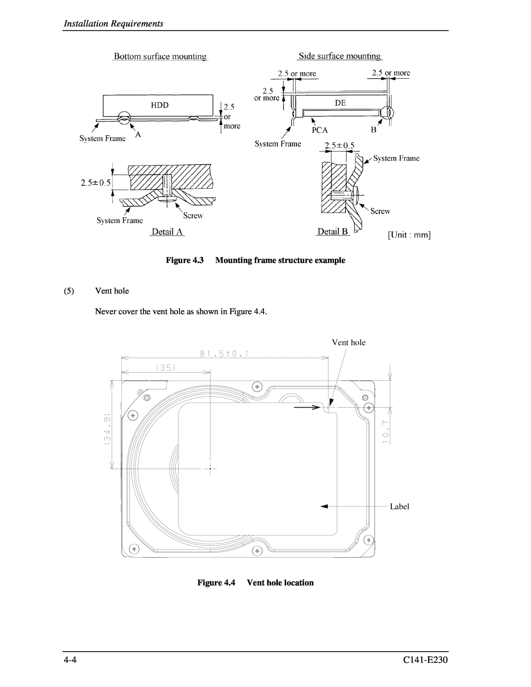 Fujitsu MAY2073RC, MAY2036RC Installation Requirements, 3 Mounting frame structure example, Label, 4 Vent hole location 