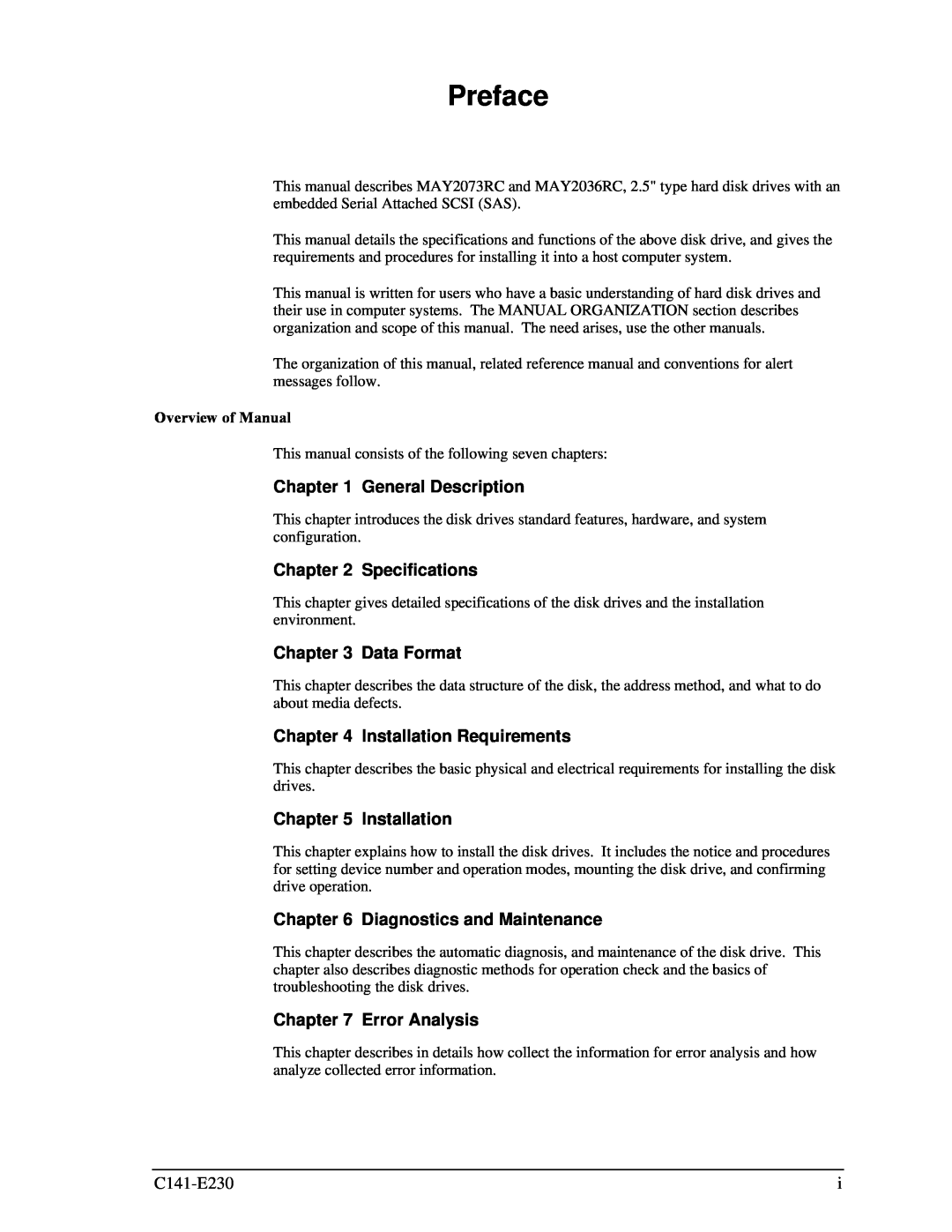 Fujitsu MAY2036RC Preface, General Description, Specifications, Data Format, Installation Requirements, Error Analysis 