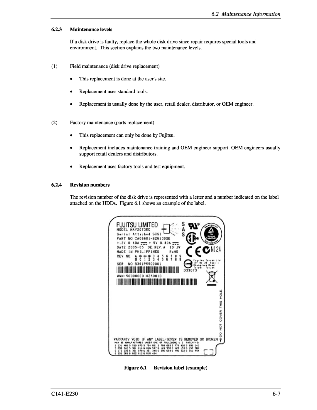 Fujitsu MAY2036RC, MAY2073RC manual Maintenance Information, Maintenance levels, Revision numbers, 1 Revision label example 