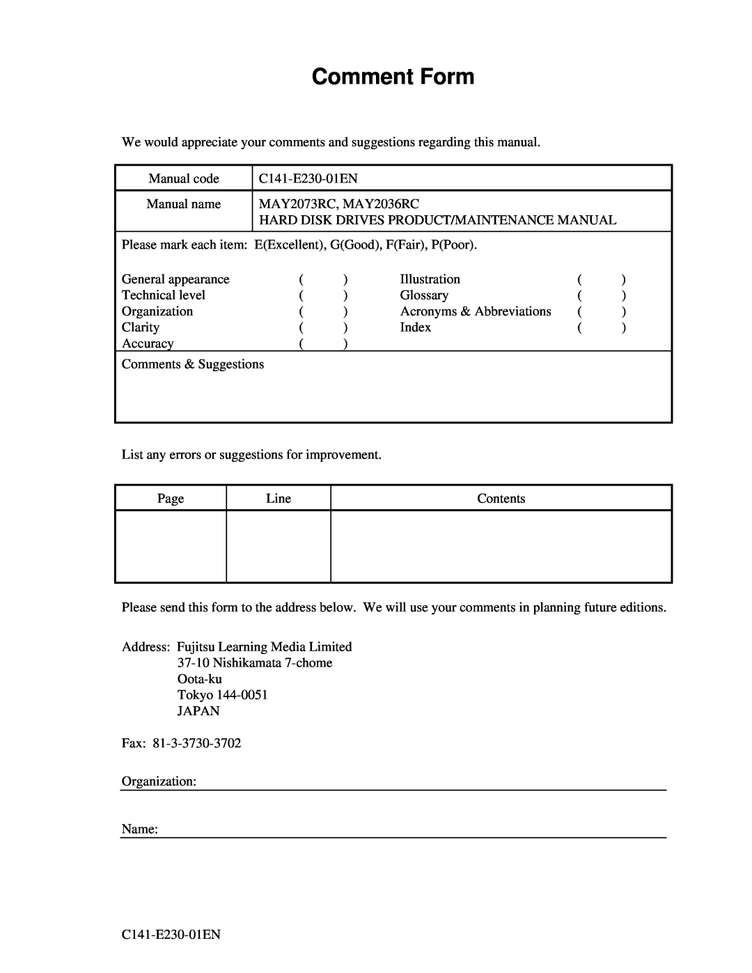 Fujitsu MAY2036RC, MAY2073RC manual Comment Form 