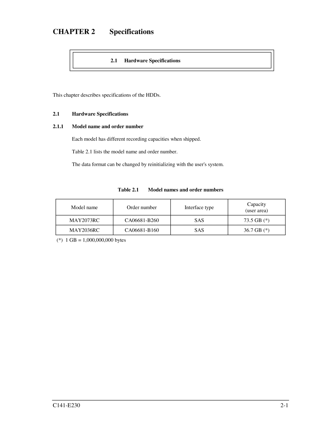 Fujitsu MAY2036RC, MAY2073RC manual Hardware Specifications Model name and order number, Model names and order numbers 