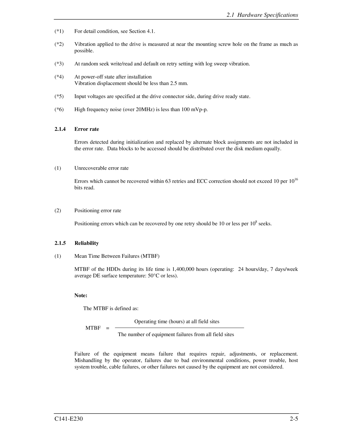 Fujitsu MAY2036RC, MAY2073RC manual Error rate, Reliability, Mtbf = 