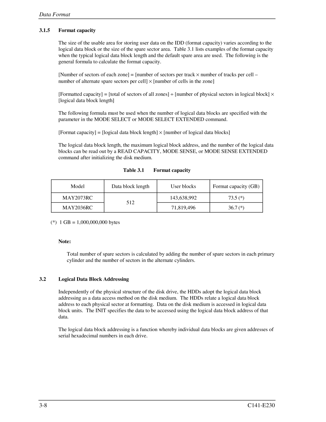 Fujitsu MAY2073RC, MAY2036RC manual Format capacity 