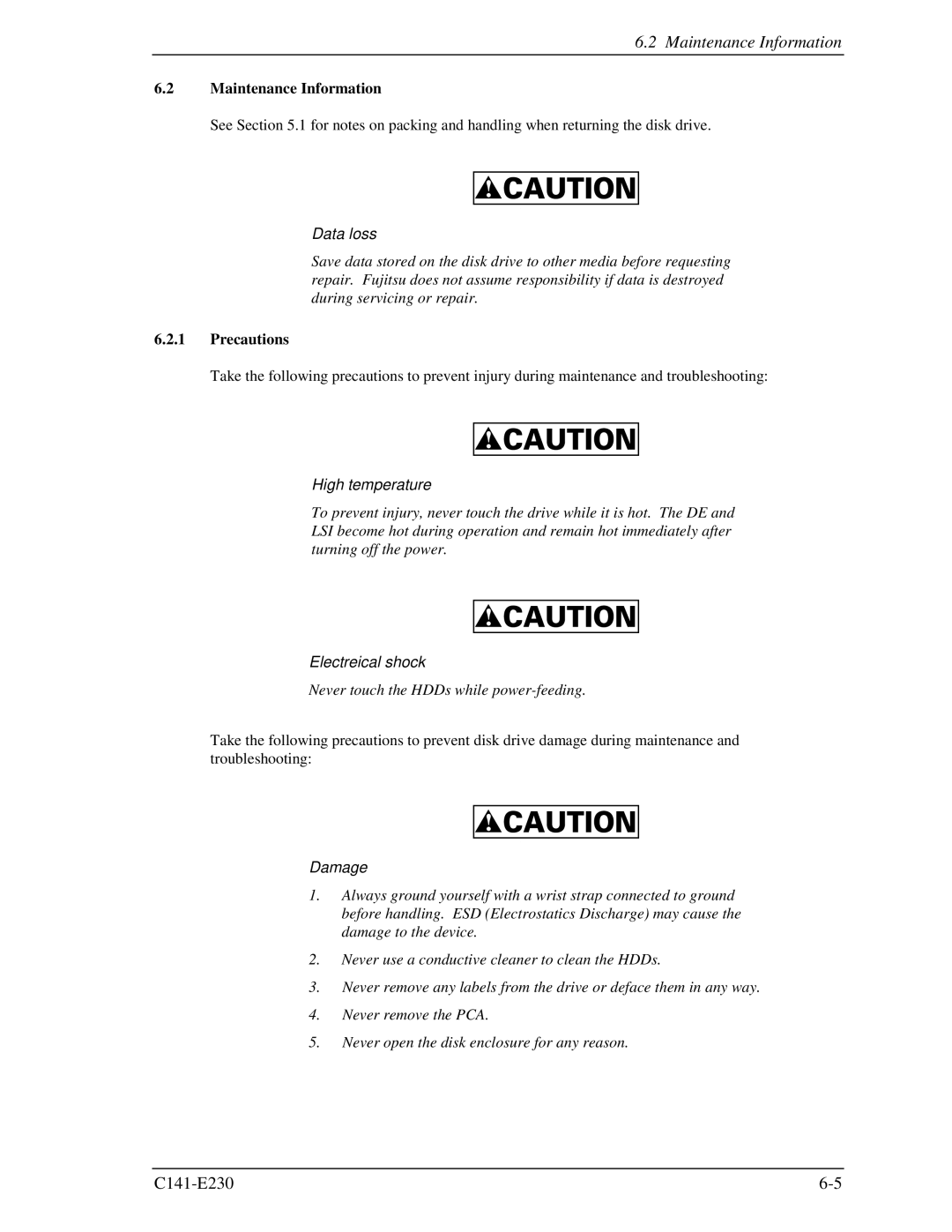 Fujitsu MAY2036RC, MAY2073RC manual Maintenance Information, Precautions 