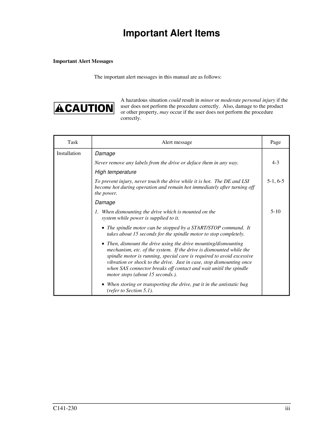 Fujitsu MAY2036RC, MAY2073RC manual Important Alert Items, Important Alert Messages 