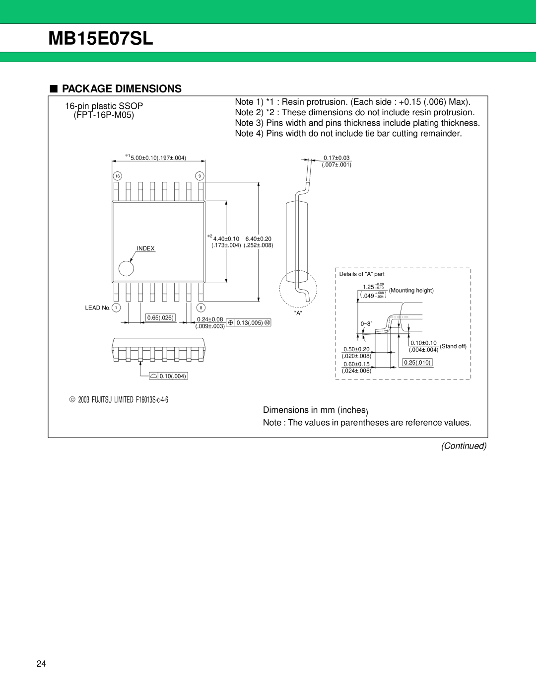 Fujitsu MB15E07SL Package Dimensions, Pin plastic Ssop FPT-16P-M05, Fujitsu Limited F16013S-c-4-6 Dimensions in mm inches 