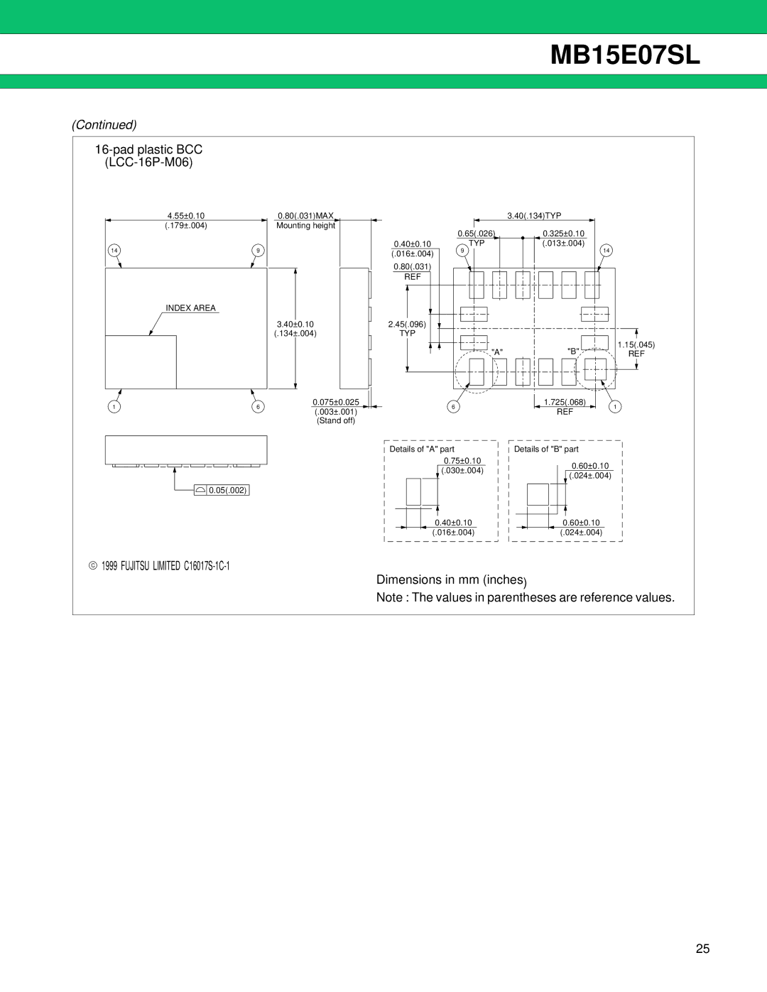 Fujitsu MB15E07SL manual Pad plastic BCC LCC-16P-M06, Index Area 