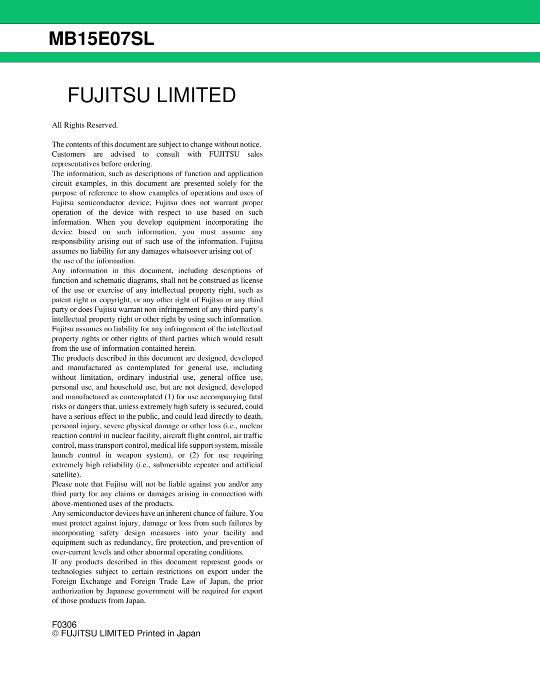 Fujitsu MB15E07SL manual Fujitsu Limited, F0306 