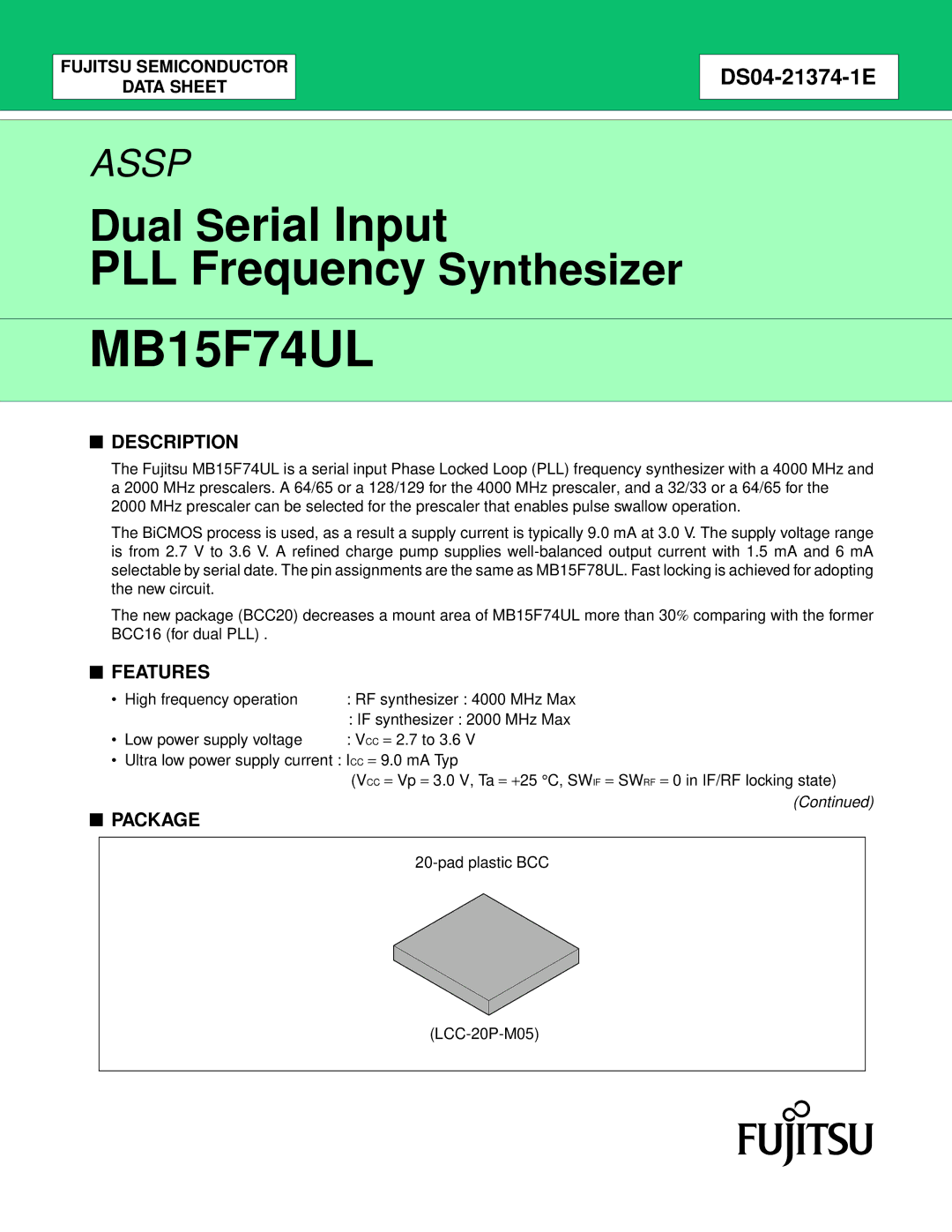 Fujitsu MB15F74UL manual Description, Features, Package, Pad plastic BCC LCC-20P-M05 