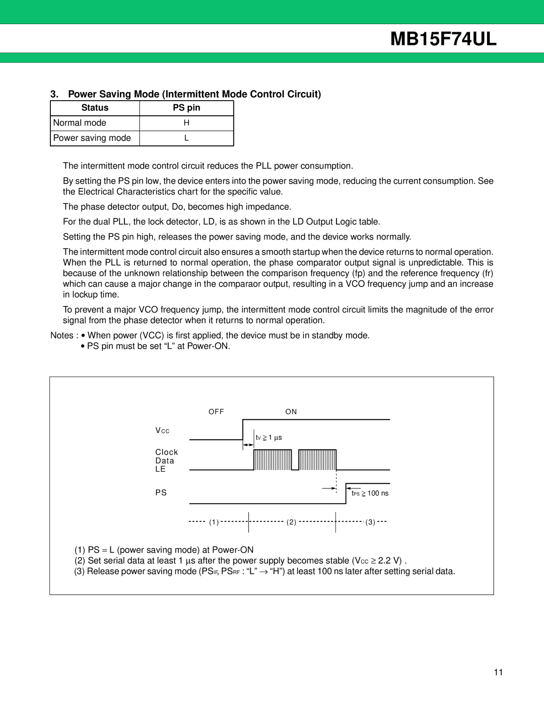 Fujitsu MB15F74UL manual Power Saving Mode Intermittent Mode Control Circuit, Status PS pin 