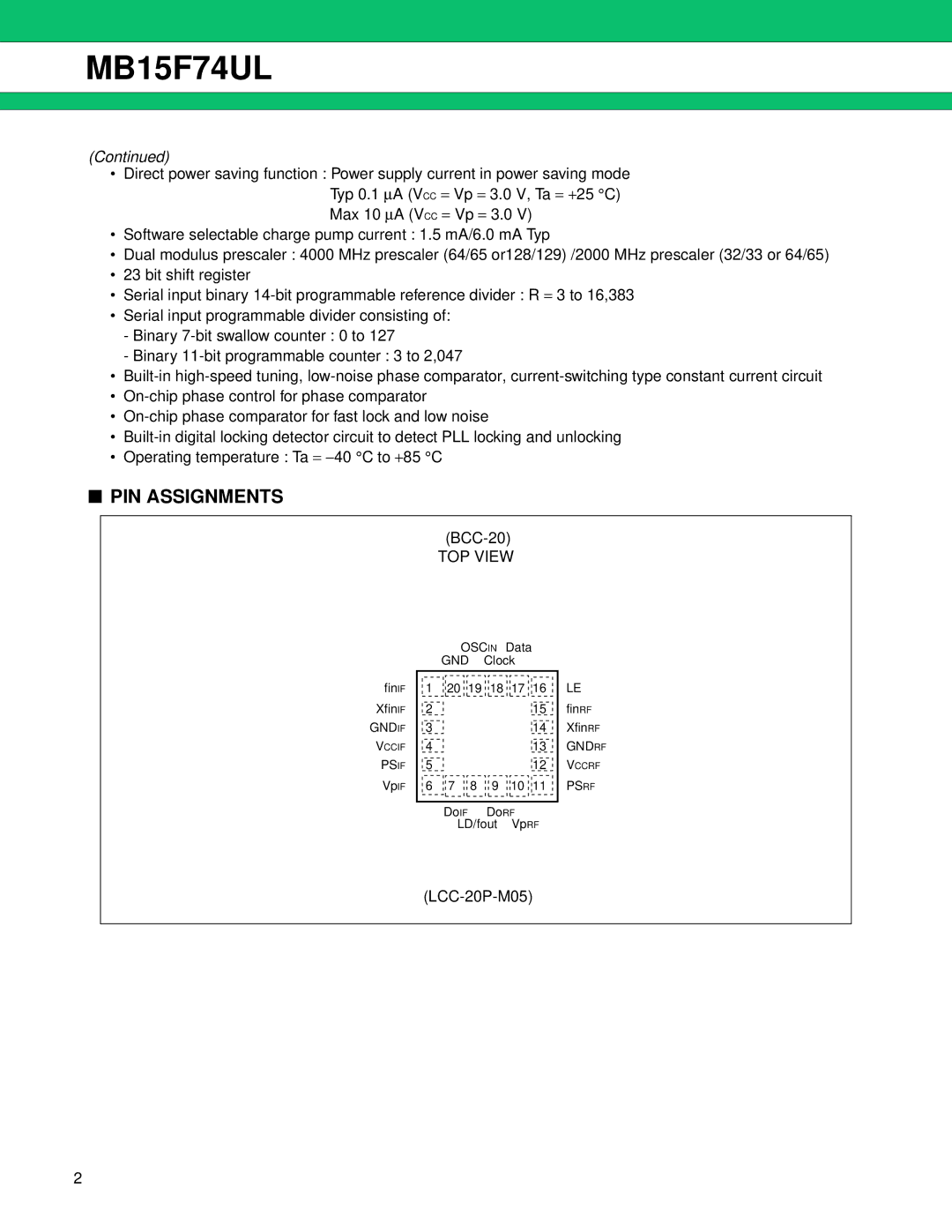 Fujitsu MB15F74UL manual PIN Assignments, BCC-20, TOP View 