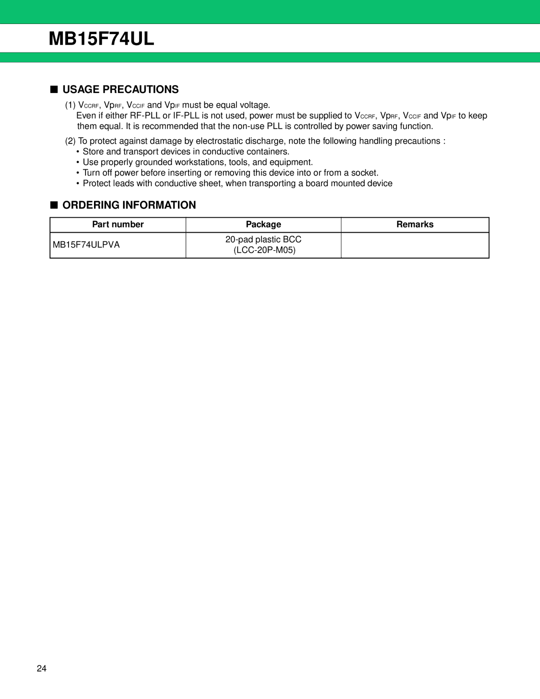 Fujitsu manual Usage Precautions, Ordering Information, Part number Package Remarks, MB15F74ULPVA 