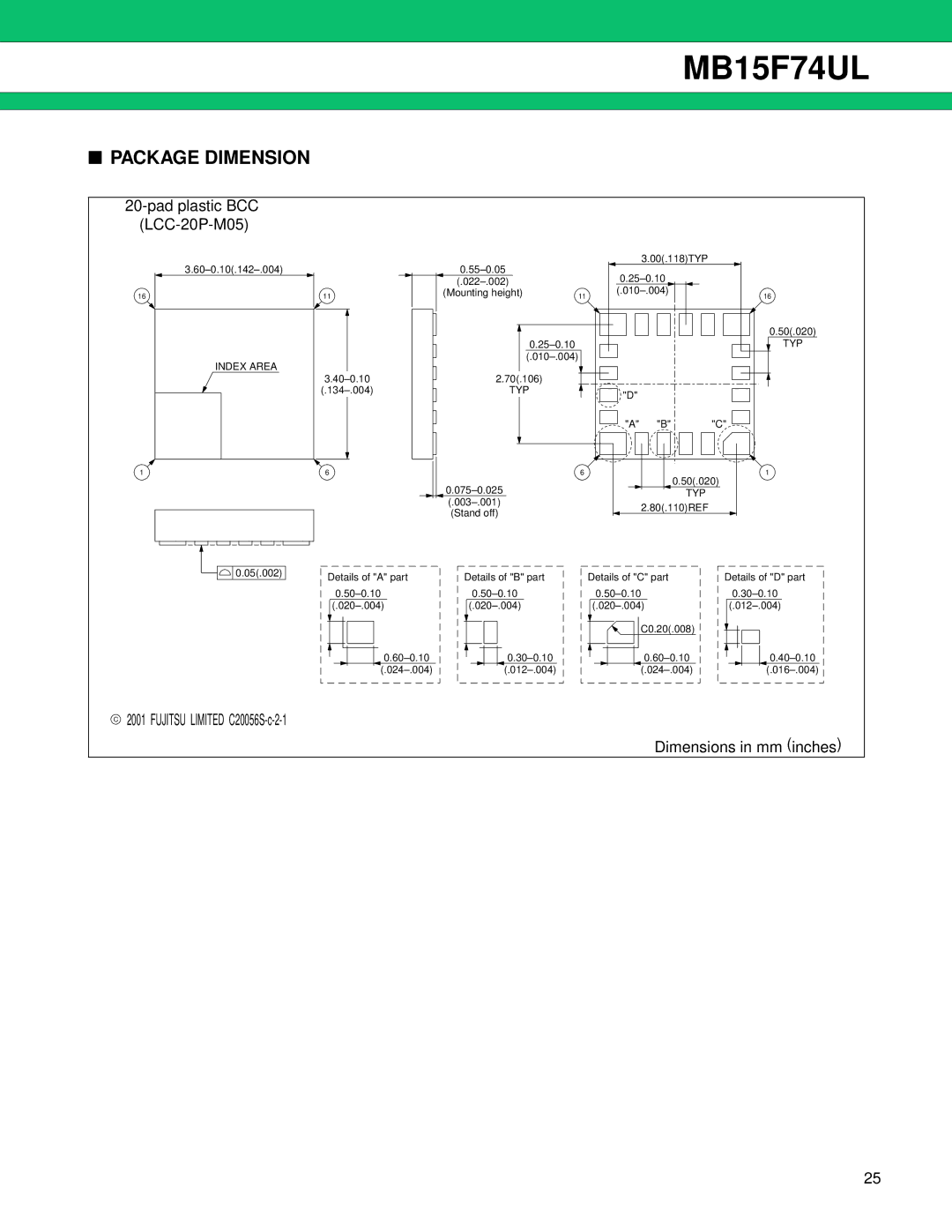 Fujitsu MB15F74UL manual Package Dimension, Fujitsu Limited C20056S-c-2-1 Dimensions in mm inches 