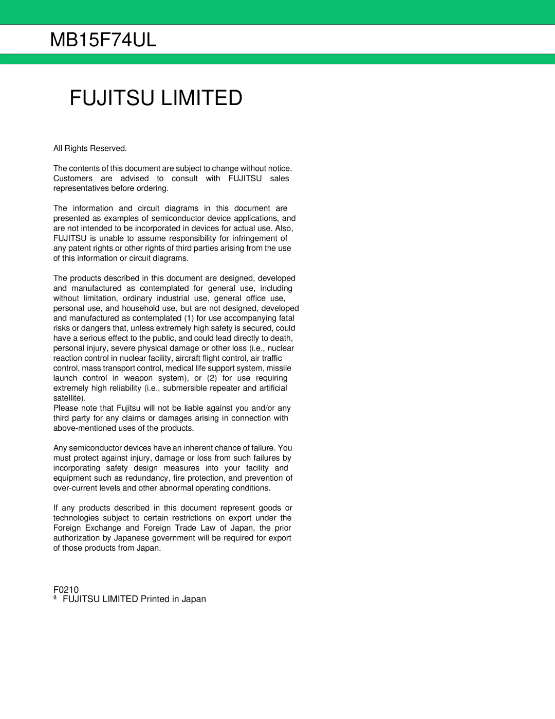 Fujitsu MB15F74UL manual Fujitsu Limited, F0210 