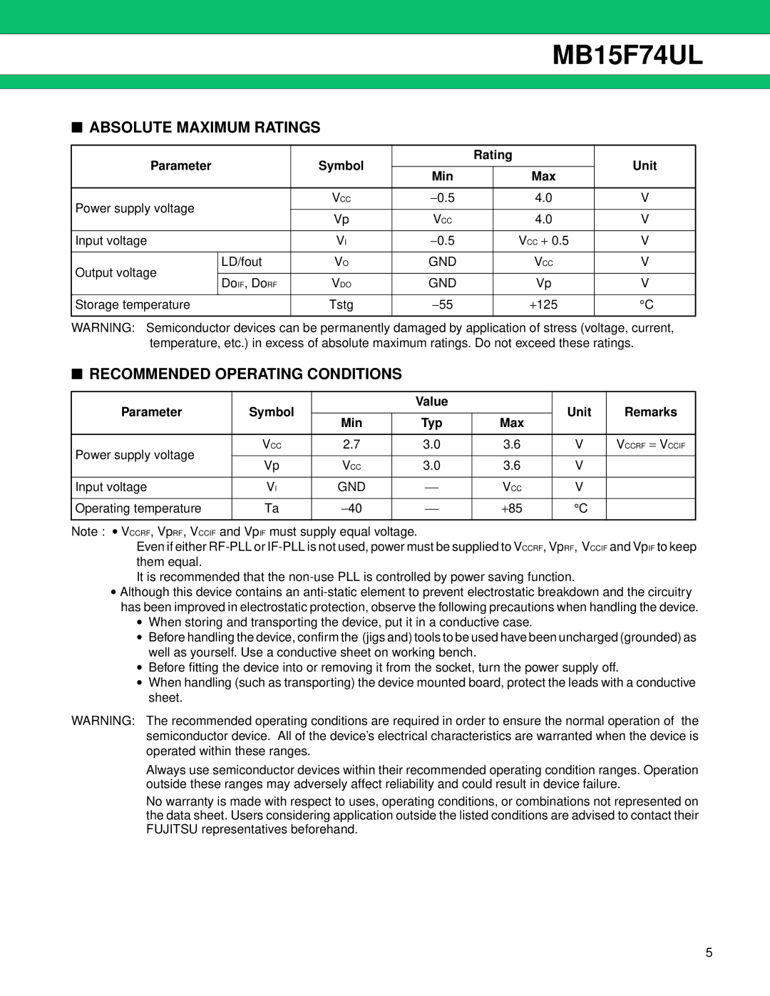 Fujitsu MB15F74UL manual Absolute Maximum Ratings, Recommended Operating Conditions, Parameter Symbol Rating Unit Min 