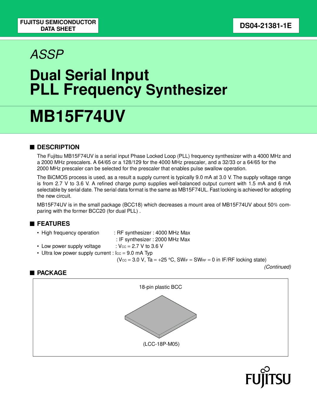 Fujitsu MB15F74UV manual Description, Features, Package, Pin plastic BCC LCC-18P-M05 