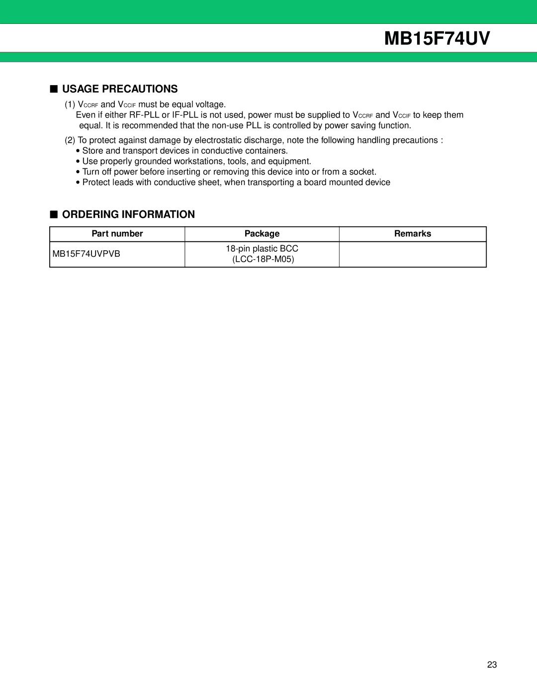 Fujitsu MB15F74UV manual Usage Precautions, Ordering Information, Part number Package Remarks 