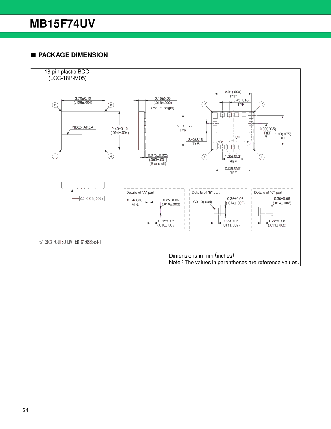 Fujitsu MB15F74UV manual Package Dimension, Fujitsu Limited C18058S-c-1-1 Dimensions in mm inches 