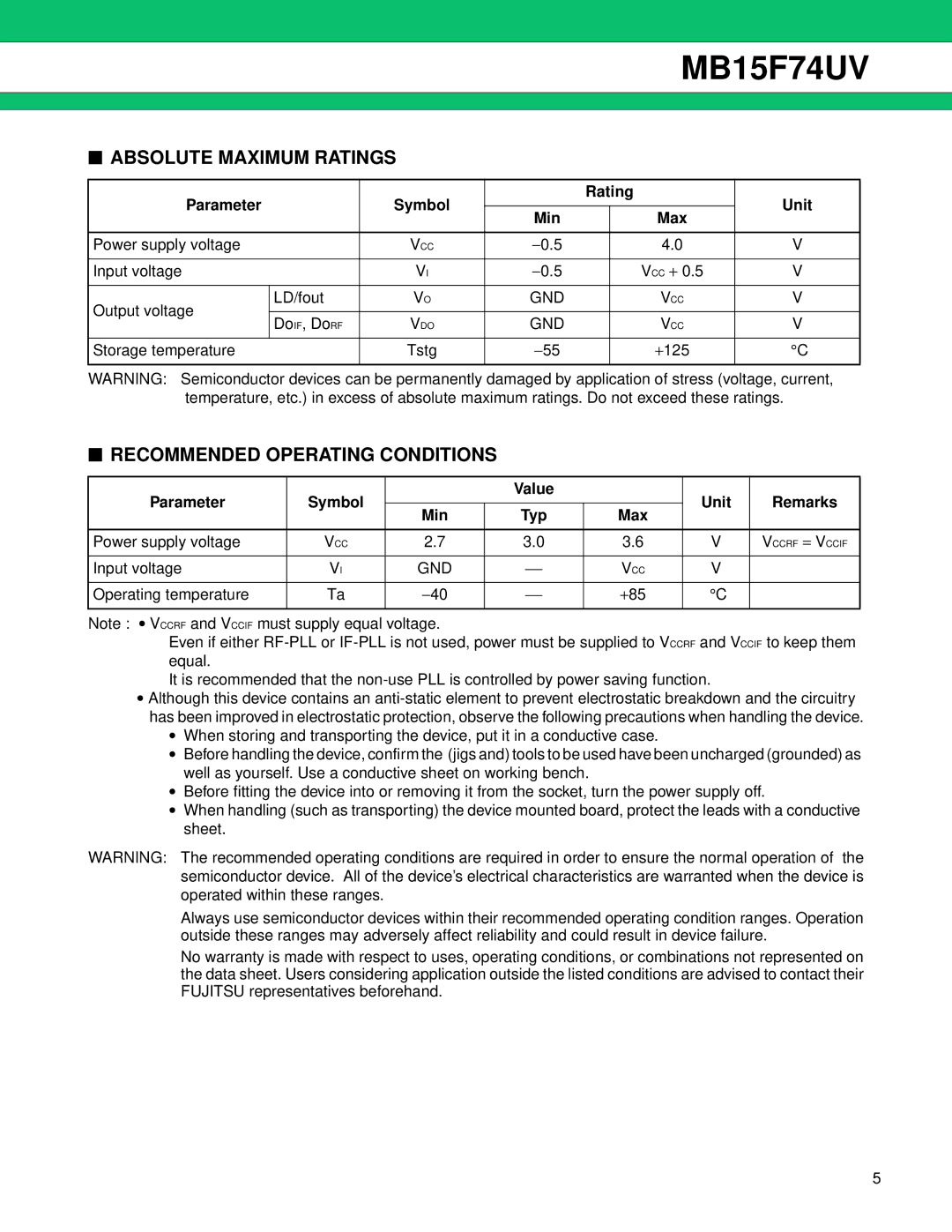 Fujitsu MB15F74UV manual Absolute Maximum Ratings, Recommended Operating Conditions, Parameter Symbol Rating Unit Min 