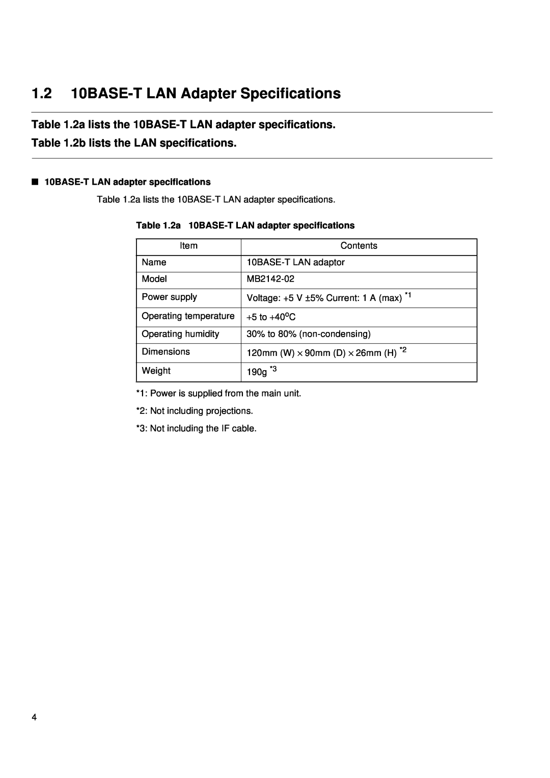 Fujitsu MB2142-02 user manual 1.2 10BASE-T LAN Adapter Specifications, 2a lists the 10BASE-T LAN adapter specifications 