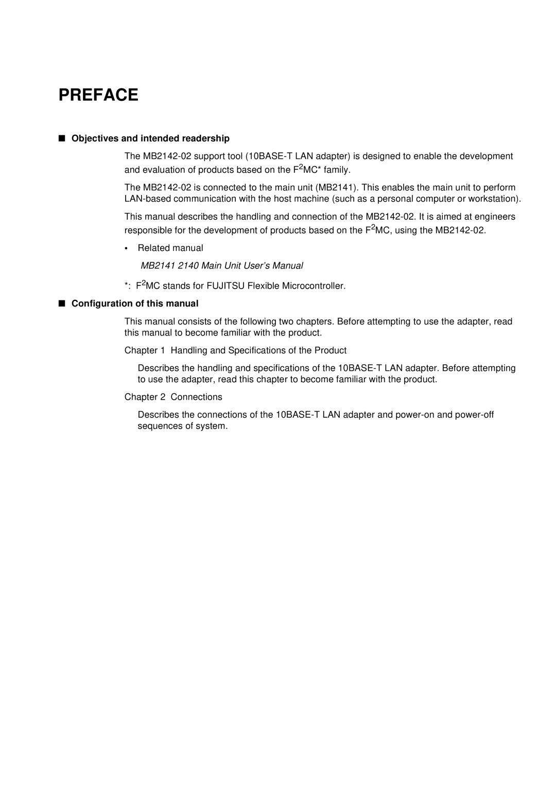 Fujitsu MB2142-02 user manual Preface, Objectives and intended readership, Configuration of this manual 