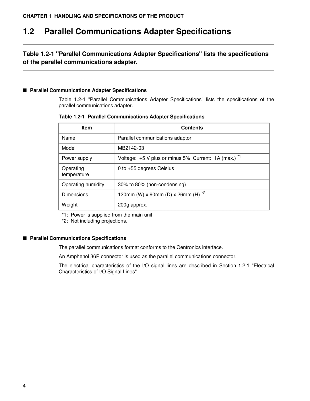 Fujitsu MB2142-03 Parallel Communications Adapter Specifications Contents, Parallel Communications Specifications 