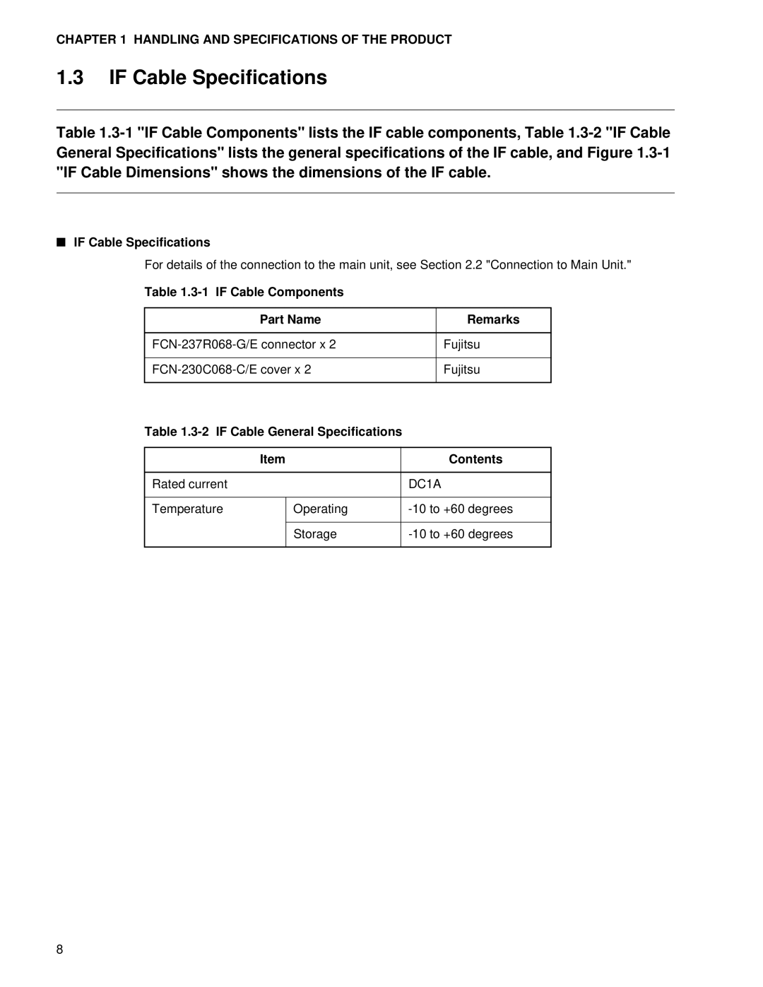 Fujitsu MB2142-03 If Cable Specifications, if Cable Components Part Name Remarks, if Cable General Specifications Contents 