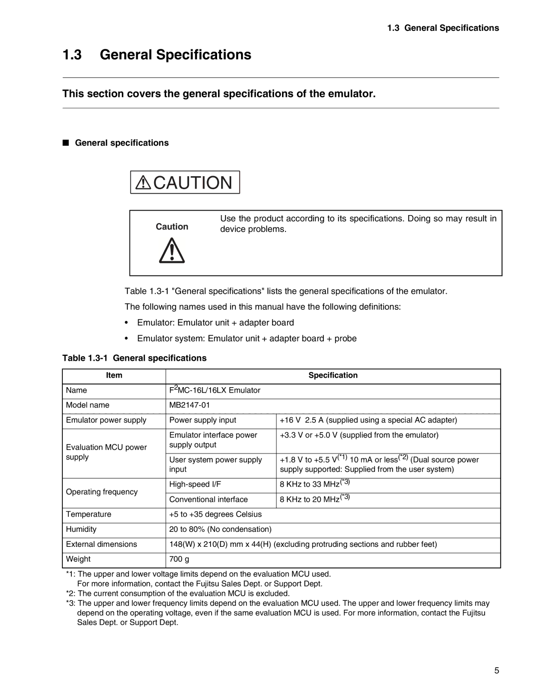 Fujitsu MB2147-01 manual General Specifications, General specifications 