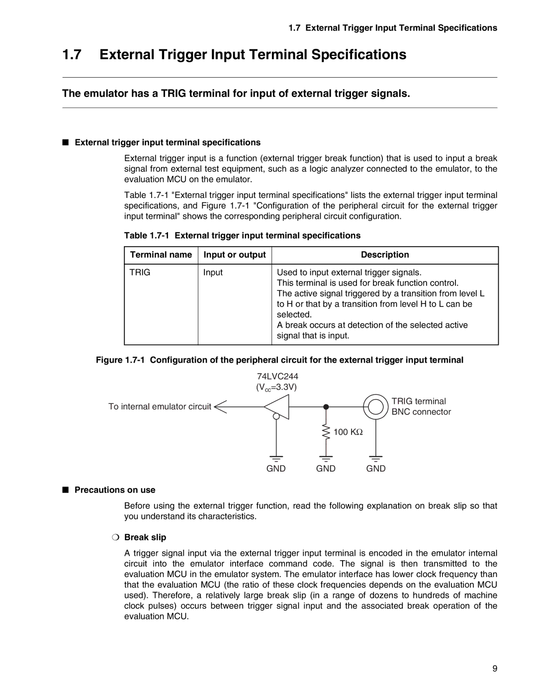 Fujitsu MB2147-01 manual External Trigger Input Terminal Specifications, Precautions on use, Break slip 