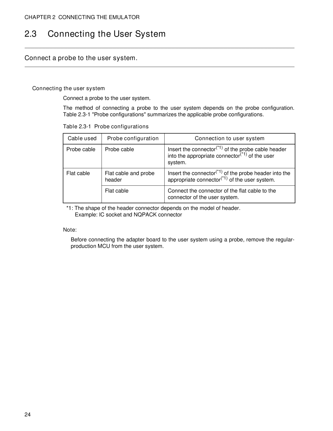 Fujitsu MB2147-01 manual Connecting the User System, Connect a probe to the user system, Connecting the user system 