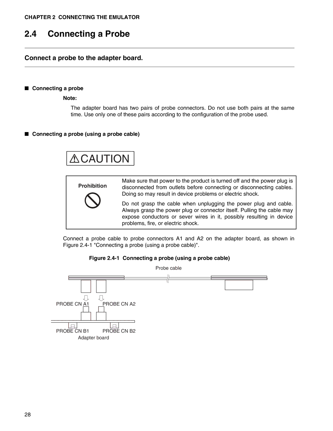 Fujitsu MB2147-01 manual Connecting a Probe, Connect a probe to the adapter board, Connecting a probe Note 